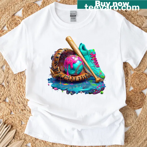 Baseball-themed t-shirt with ice cream drip illustrations