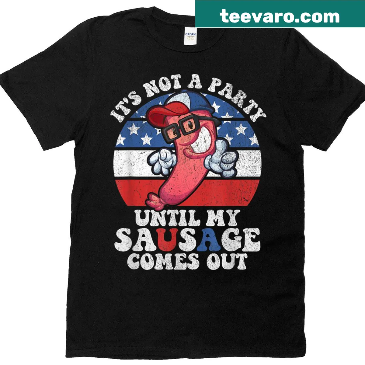 Funny Fourth of July T-shirt with humorous sausage print — on a men's t-shirt