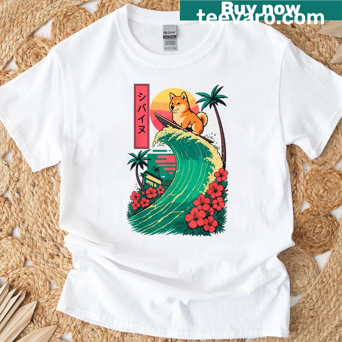 T-shirt featuring a Shiba Inu surfing the Great Wave in Japan — on a men's t-shirt