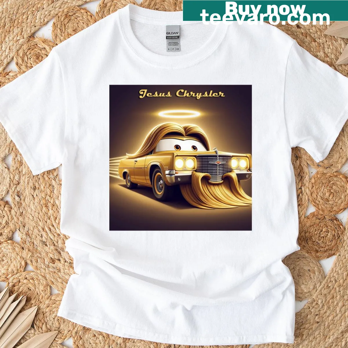 Jesus Chrysler humorous phrase graphic on T-shirt — on a men's t-shirt