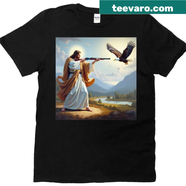 Oversized T-shirt with a message about Jesus and freedom in bold text.