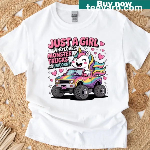 Playful T-shirt for girls featuring monster trucks and unicorns