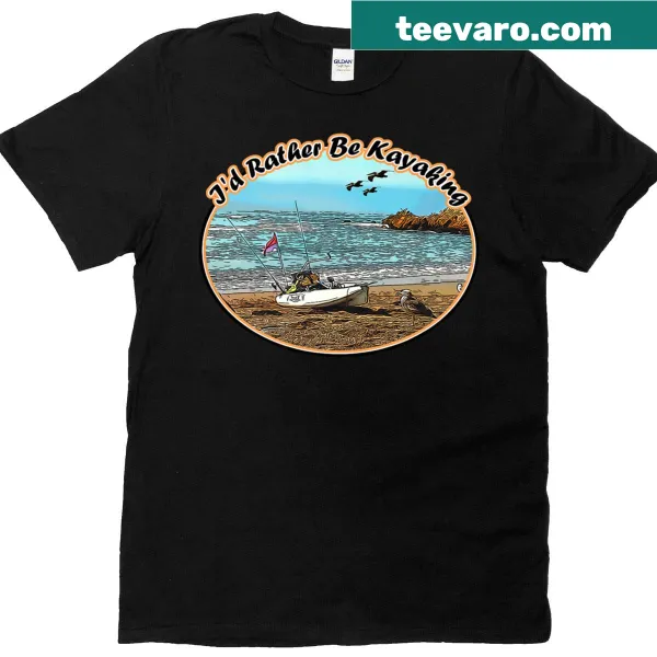 Fishing-themed T-shirt featuring kayaking and beach illustrations.