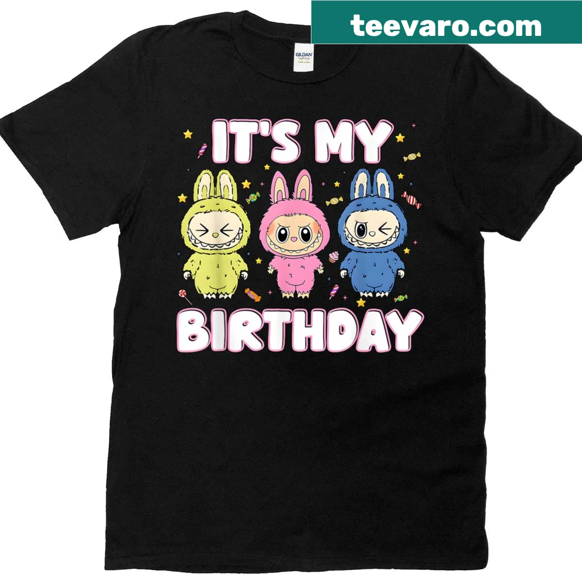 Groovy birthday T-shirt for kids featuring Labubu — on a men's t-shirt