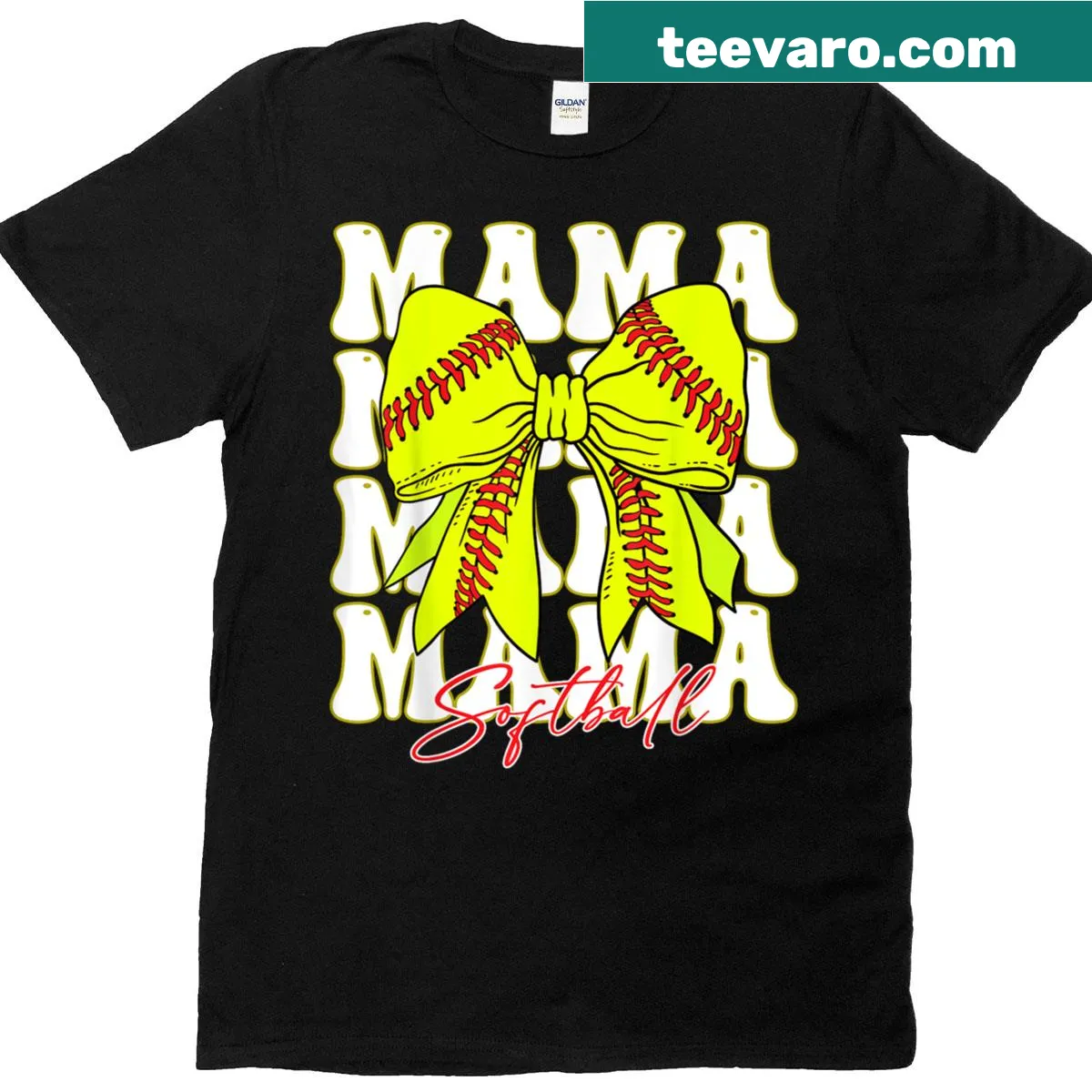 Softball-themed Mama T-shirt with a cute bow graphic — on a men's t-shirt