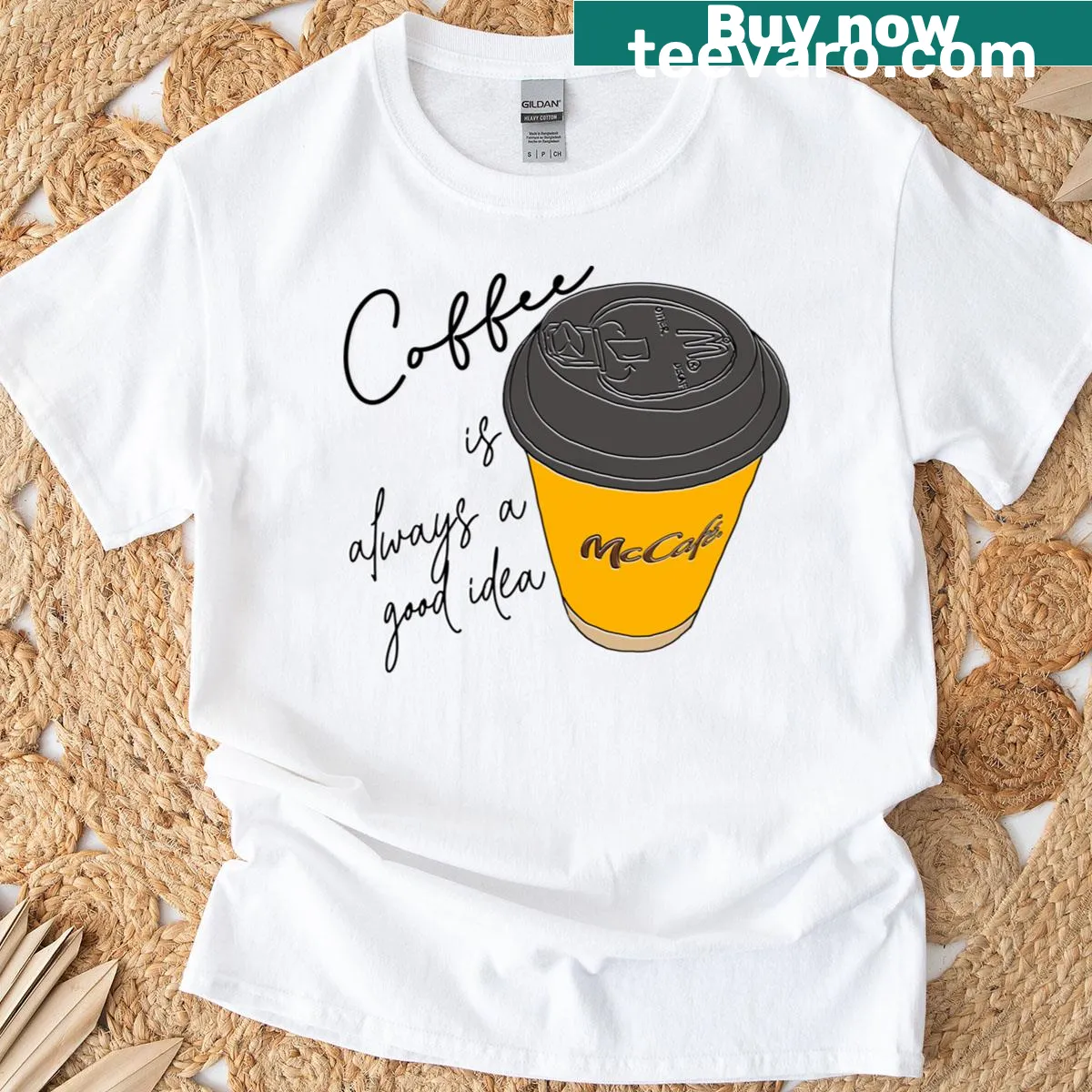 McCafe logo graphic on a T-shirt — on a men's t-shirt