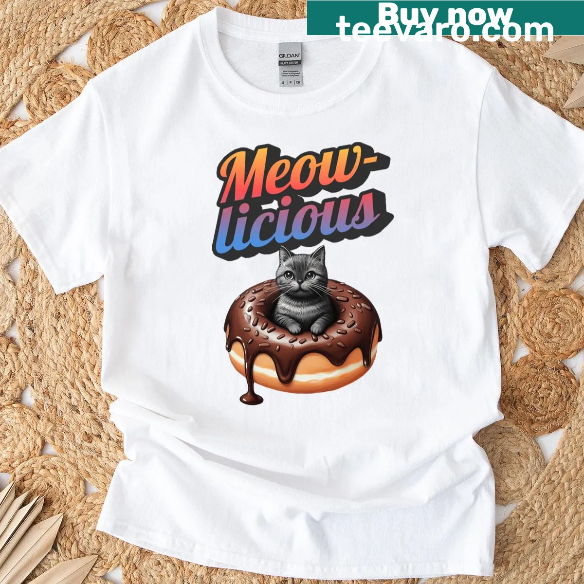 Playful cat illustration with the word 'Meowlicious' on a tee. — on a men's t-shirt