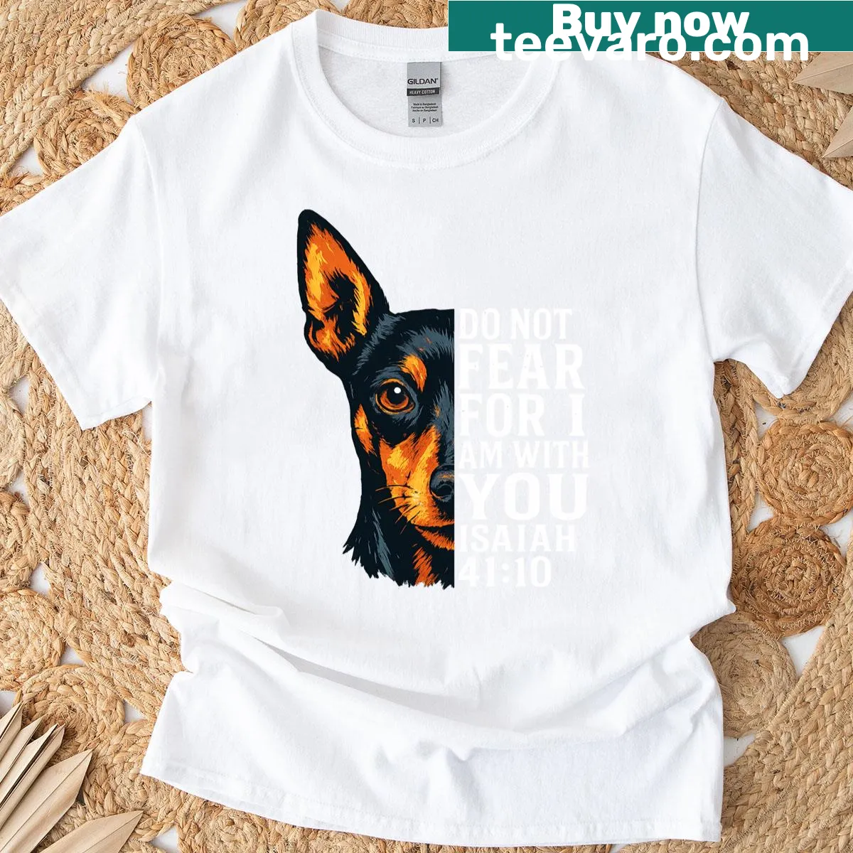T-shirt featuring a Bible verse and a Miniature Pinscher graphic. — on a men's t-shirt