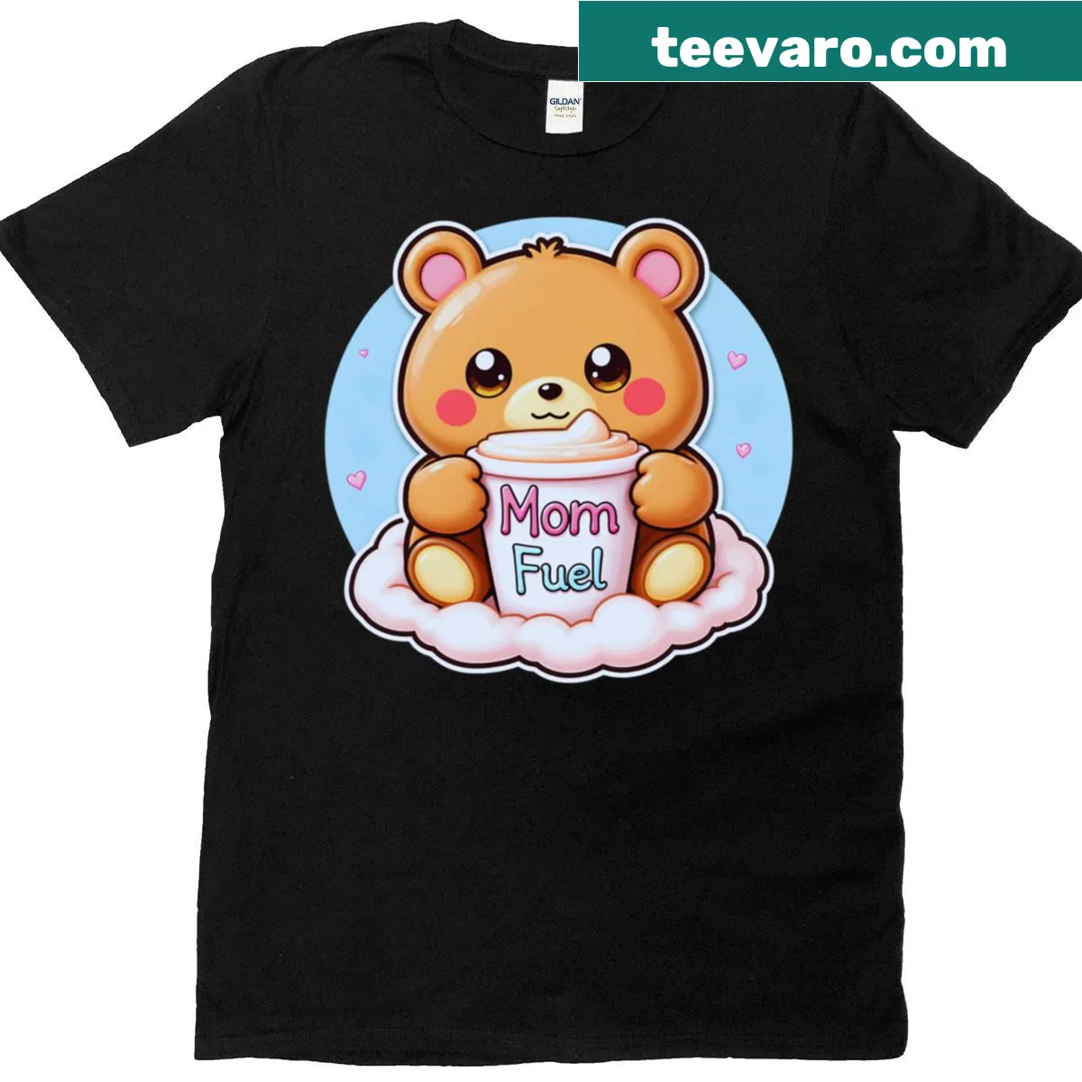 Kawaii bear graphic with 'Mom Fuel' text on a fitted T-shirt — on a men's t-shirt