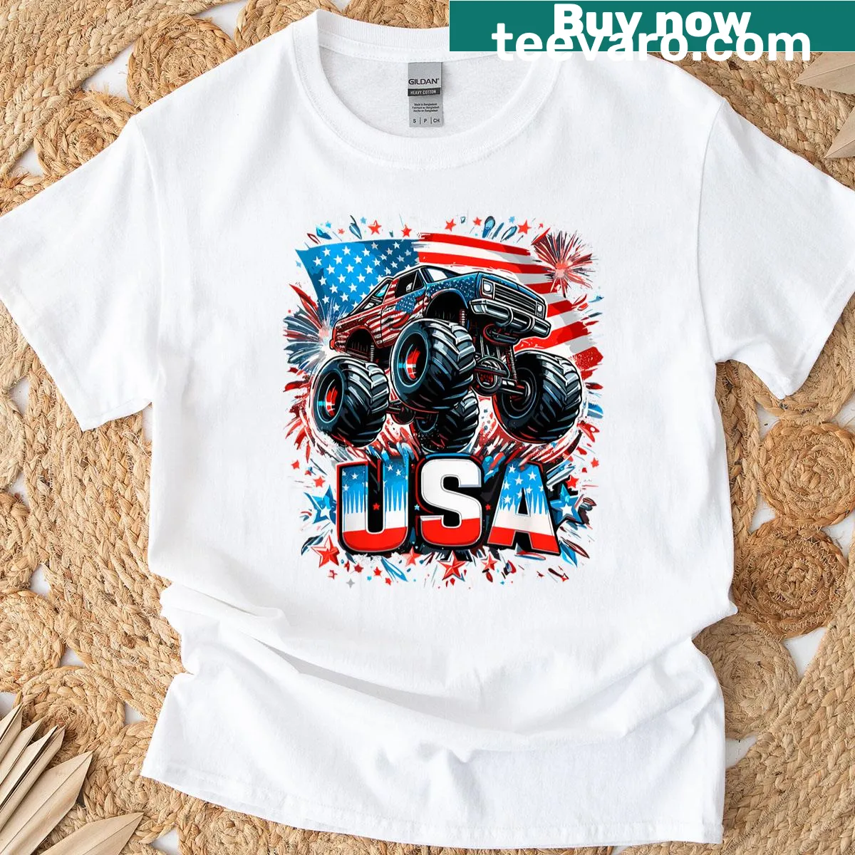 Bold 4th of July tee with a monster truck and American flag design. — on a men's t-shirt