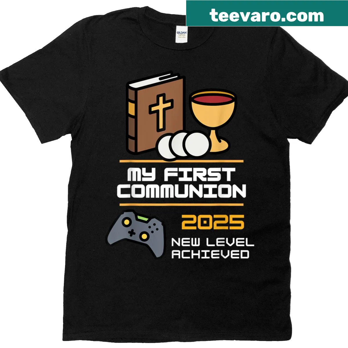 T-shirt with video game controller graphic for first communion — on a men's t-shirt