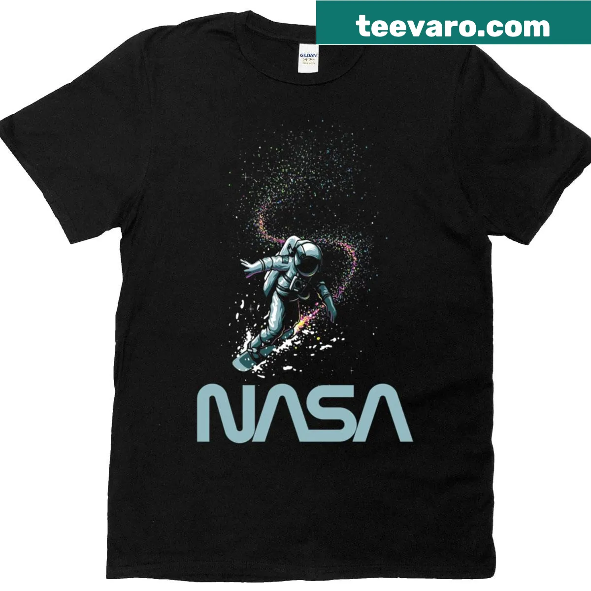 Astronaut surfing among stars with NASA logo on a T-shirt — on a men's t-shirt