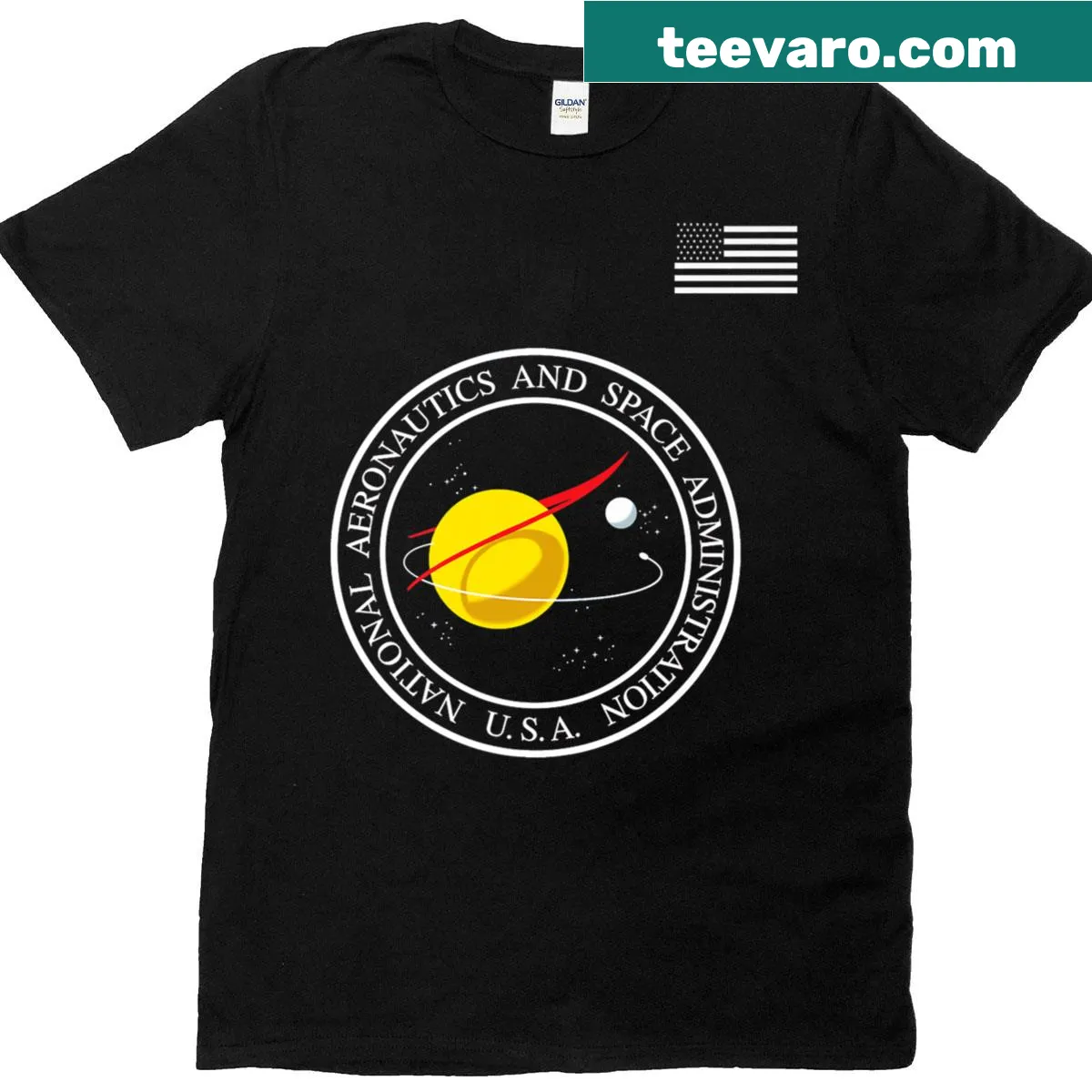 NASA seal logo alongside the US flag on a T-shirt — on a men's t-shirt