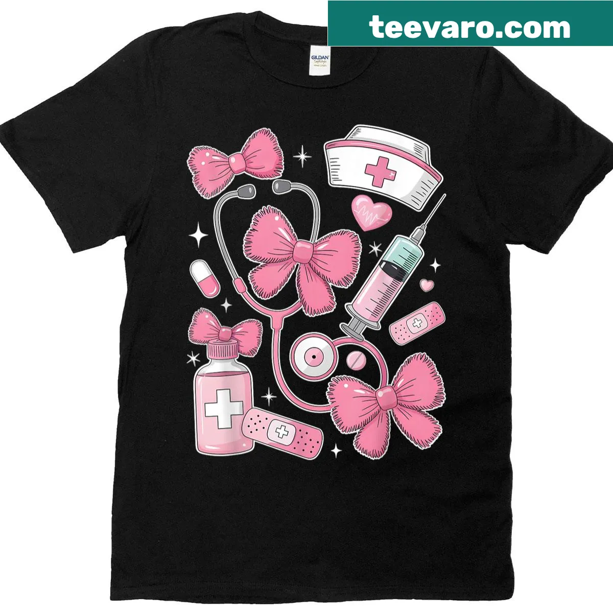 Cute t-shirt for female nurses with pink bow and stethoscope — on a men's t-shirt