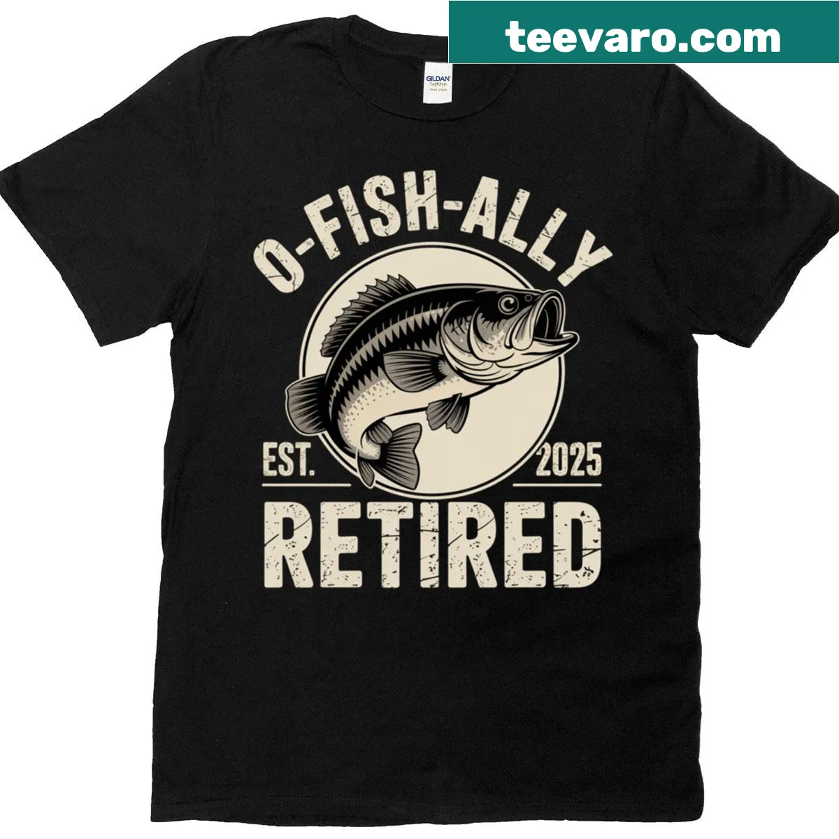 Retirement T-shirt with a playful fish graphic and the text 'Ofishally Retired 2025.' — on a men's t-shirt