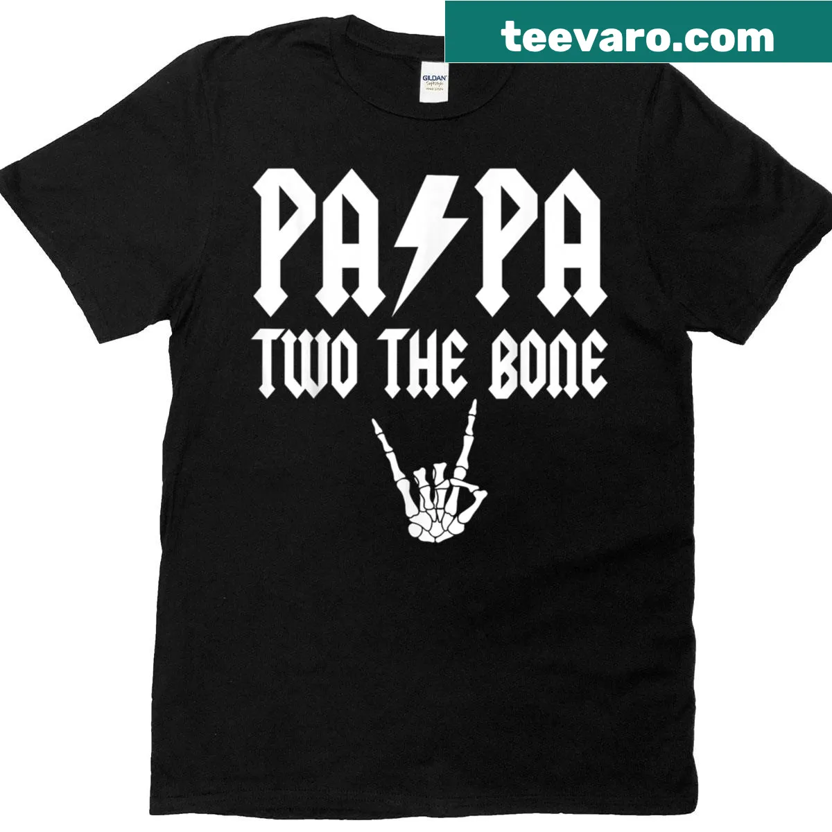 Birthday T-shirt with a cartoon skeleton hand and the text 'Papa Two The Bone.' — on a men's t-shirt