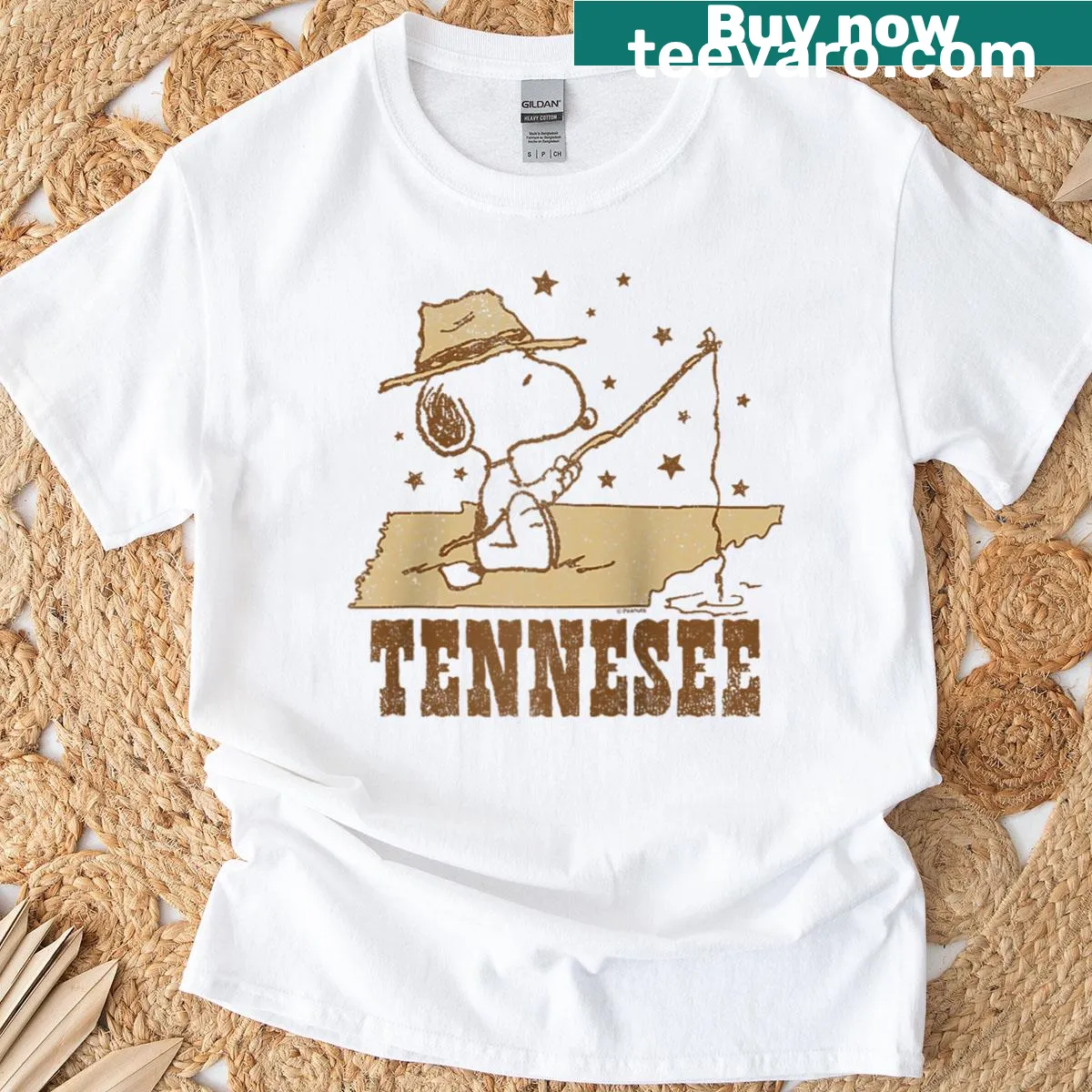 Snoopy fishing illustration on raglan baseball tee — on a men's t-shirt