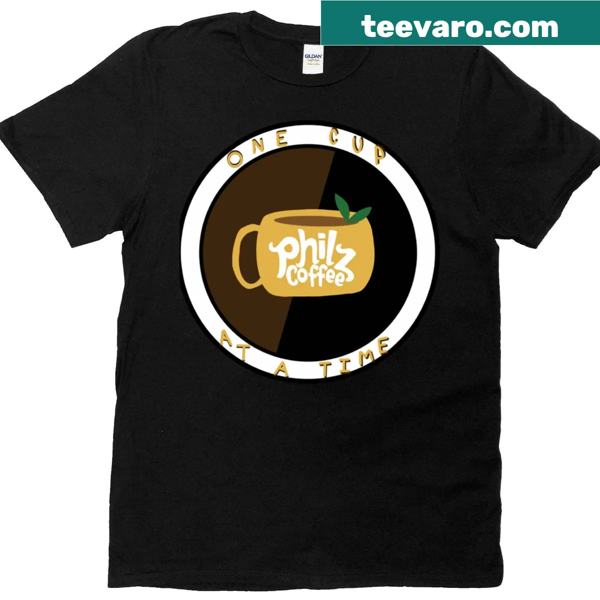 Philz College logo T-shirt with bold typography. — on a men's t-shirt