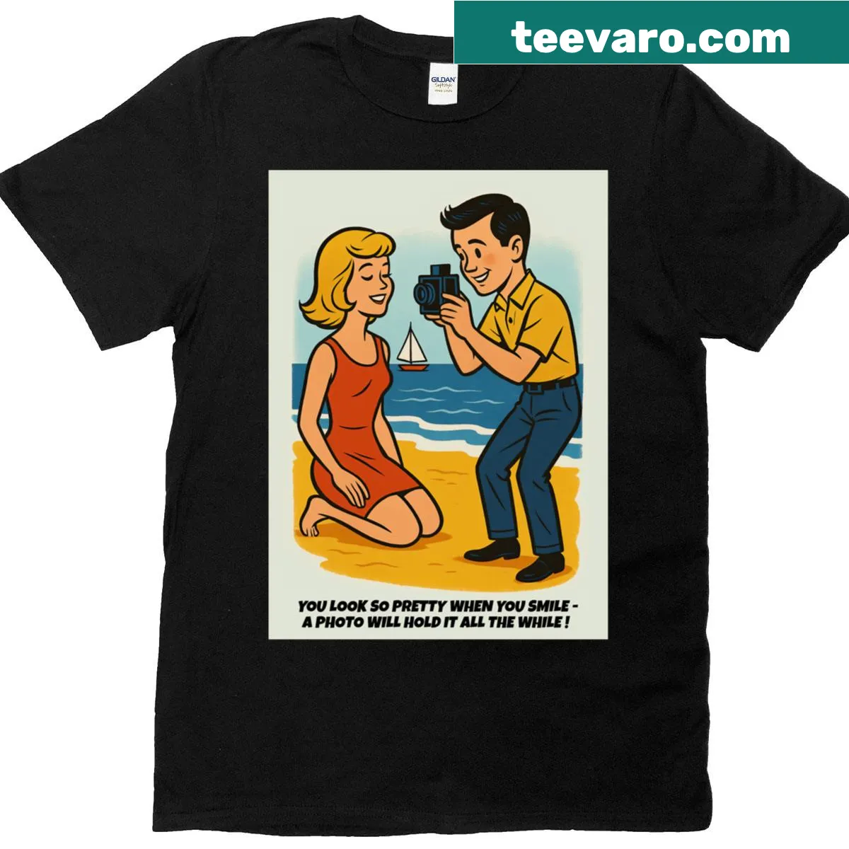 Vintage beach scene with a woman and camera on T-shirt — on a men's t-shirt