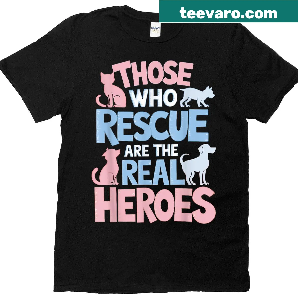 T-shirt with 'Real Heroes Adopt' message promoting animal rescue — on a men's t-shirt