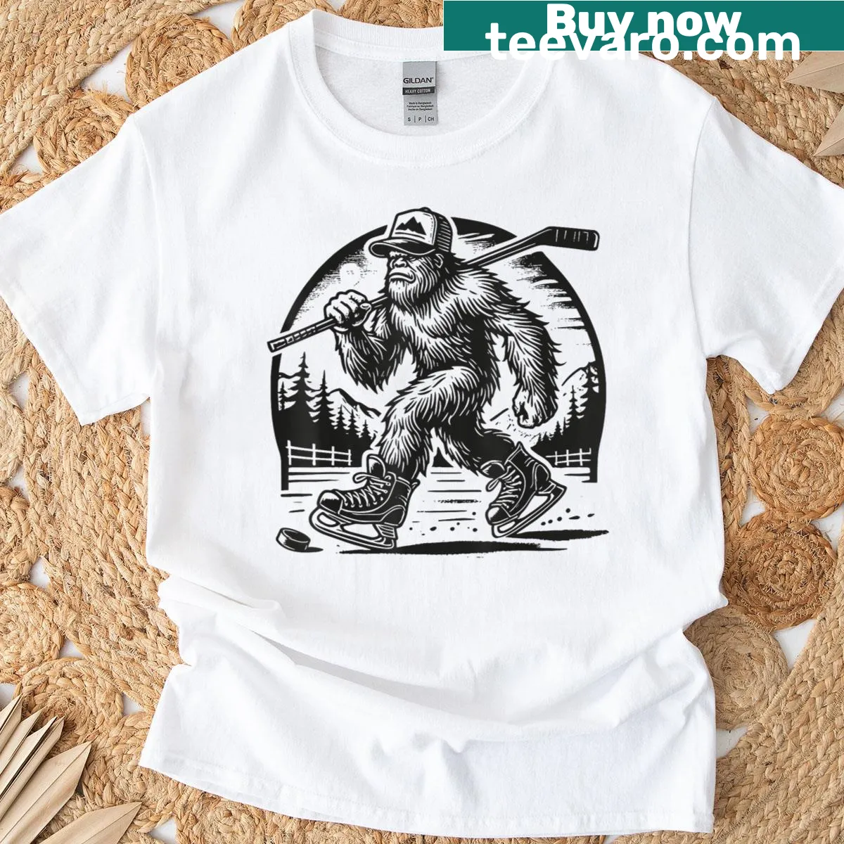 Funny T-shirt featuring a retro design of Bigfoot playing hockey — on a men's t-shirt