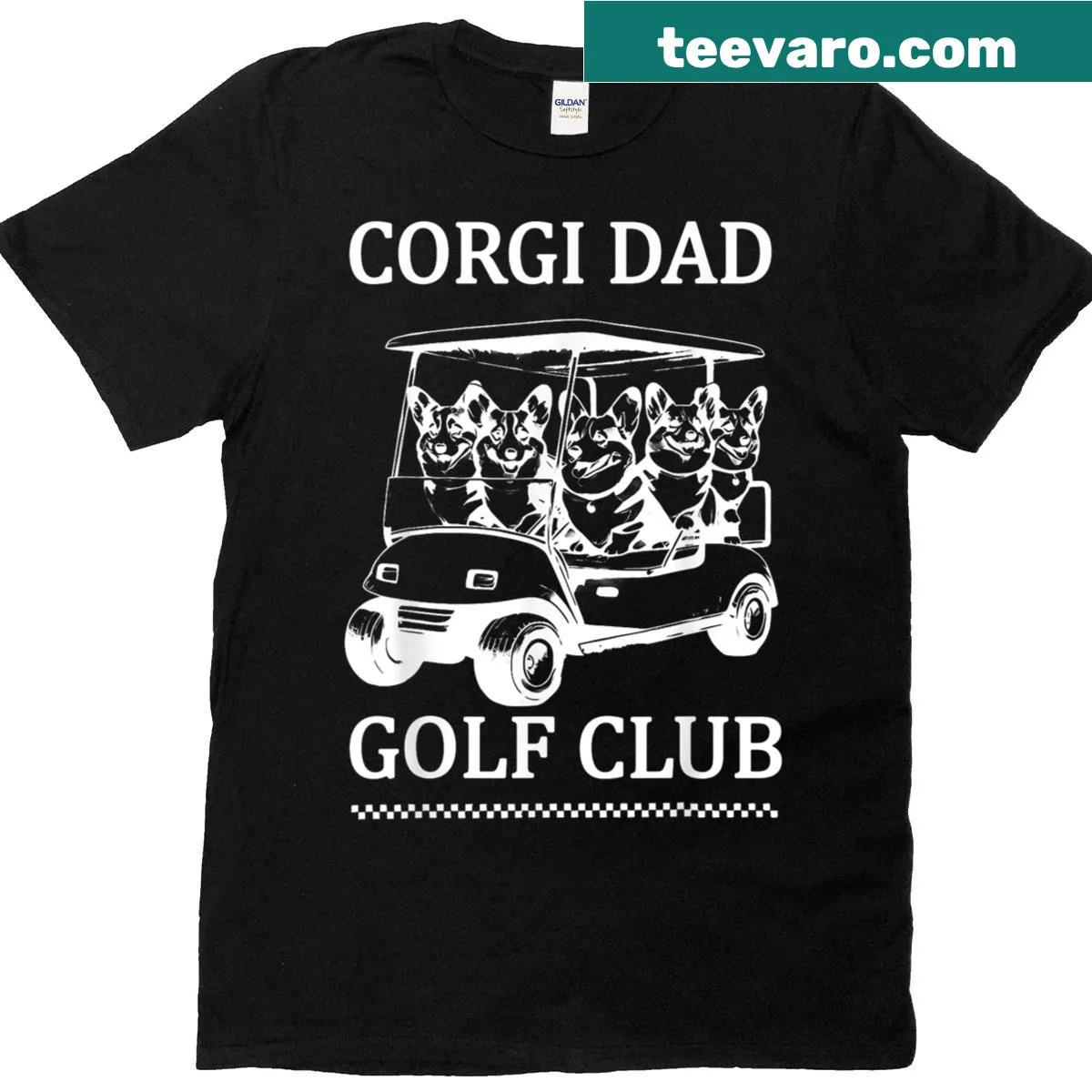 Cute corgi swinging a golf club on a t-shirt for dads — on a men's t-shirt