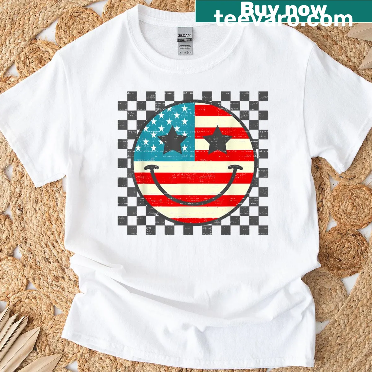 Retro 4th of July T-shirt with USA flag and cheerful text — on a men's t-shirt