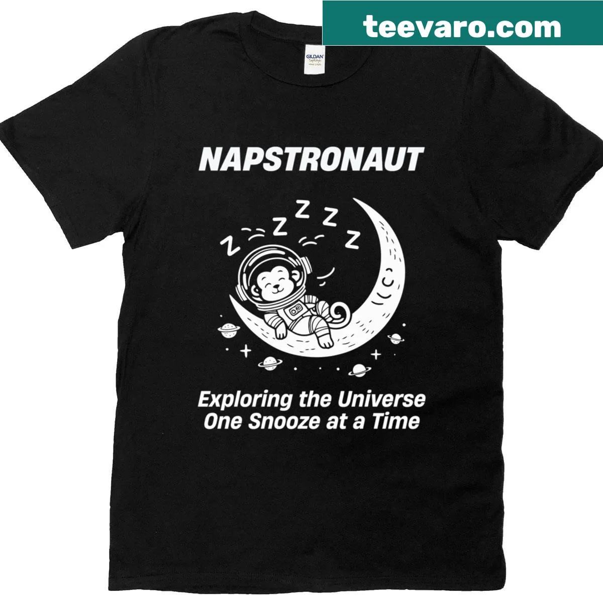 Whimsical monkey astronaut napping under the moon and stars graphic — on a men's t-shirt