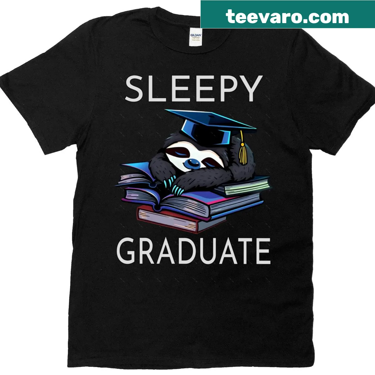 Cartoon of a sloth sleeping on books with a graduation theme on a t-shirt — on a men's t-shirt