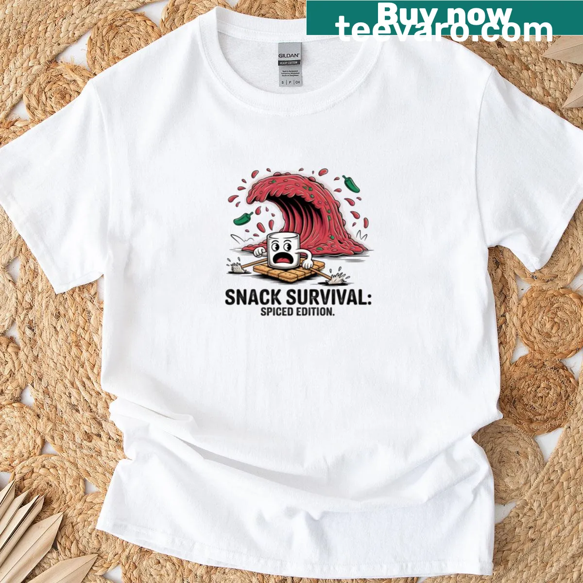 Humorous food adventure graphic on a snack-themed t-shirt — on a men's t-shirt