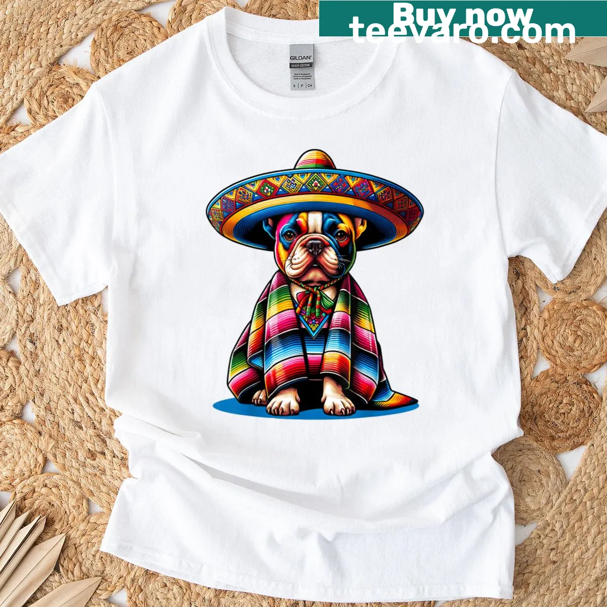 French Bulldog in sombrero with tacos graphic — on a men's t-shirt