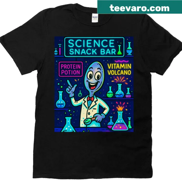 Oversized t-shirt with a neon snack bar illustration and science theme