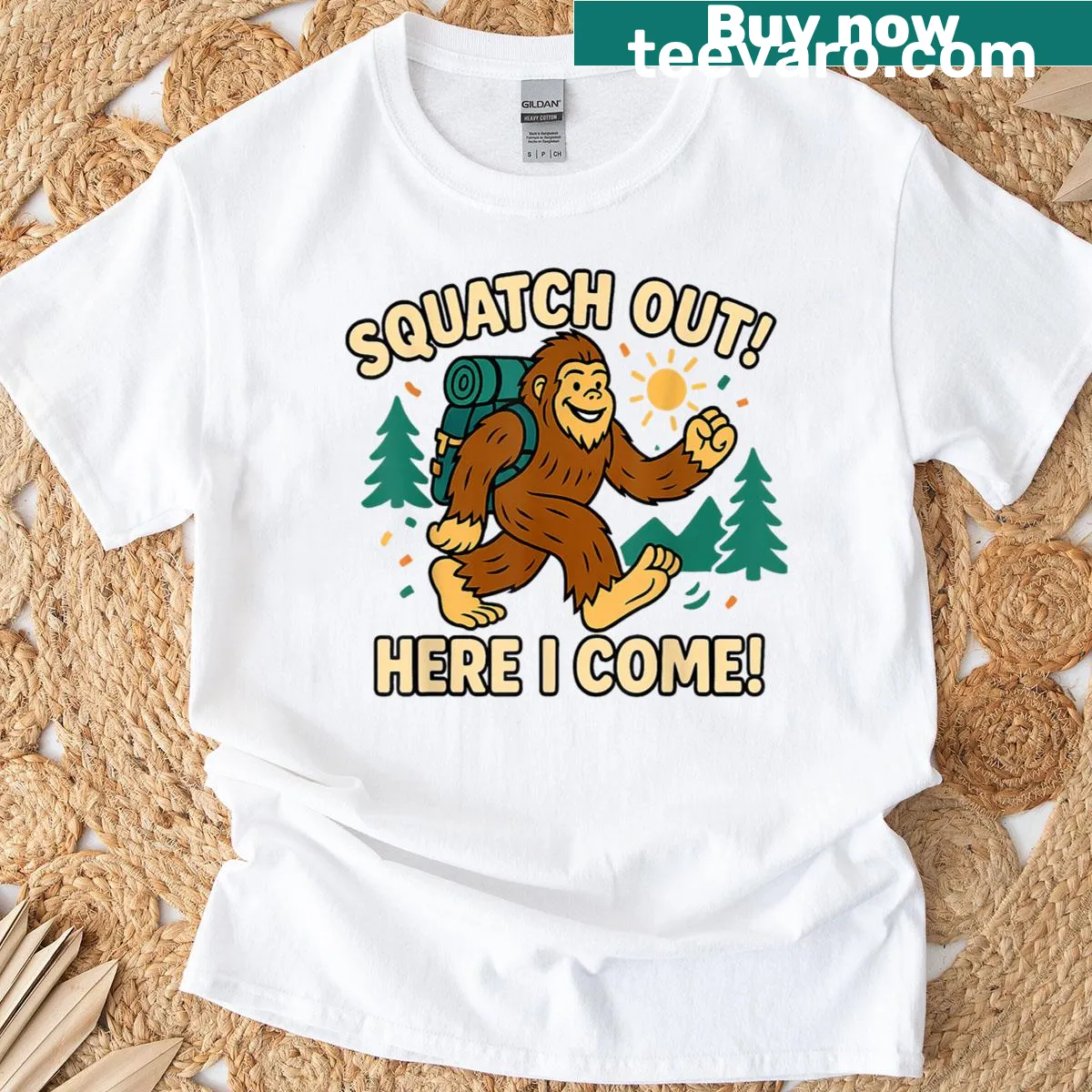 Cartoon Bigfoot hiking T-shirt for kids with playful outdoor theme — on a men's t-shirt