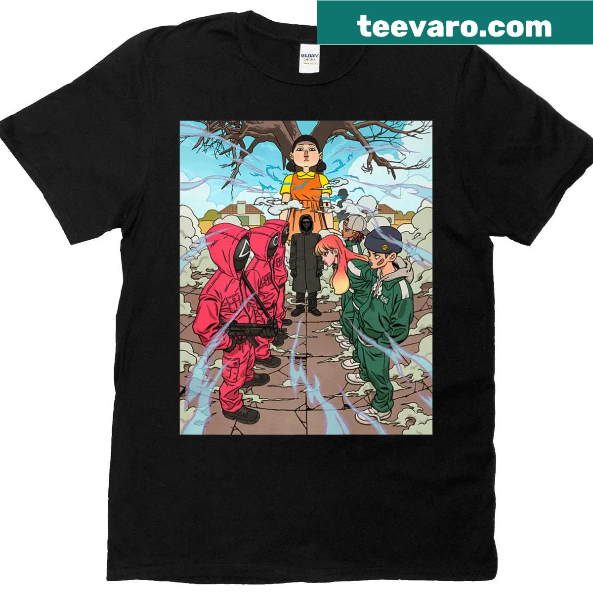 T-shirt featuring the illustration of the Red Light Green Light game chest from Squid Game — on a men's t-shirt