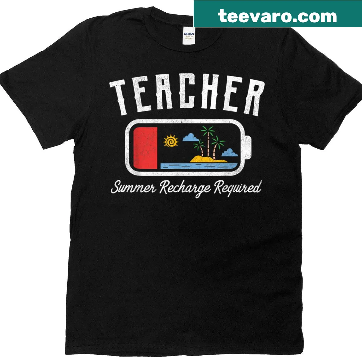 Teacher summer recharge themed T-shirt with bold text — on a men's t-shirt