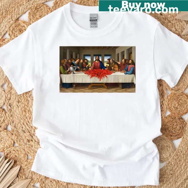 T-shirt featuring a crawfish-themed version of The Last Supper illustration