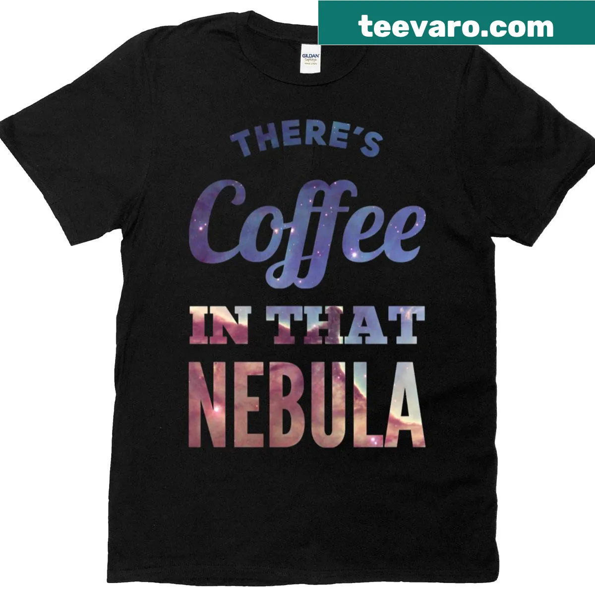 Funny cosmic t-shirt with coffee and nebula graphic — on a men's t-shirt