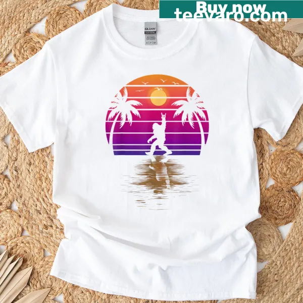 Illustration of a Bigfoot on a Hawaiian beach with palm trees and sunset