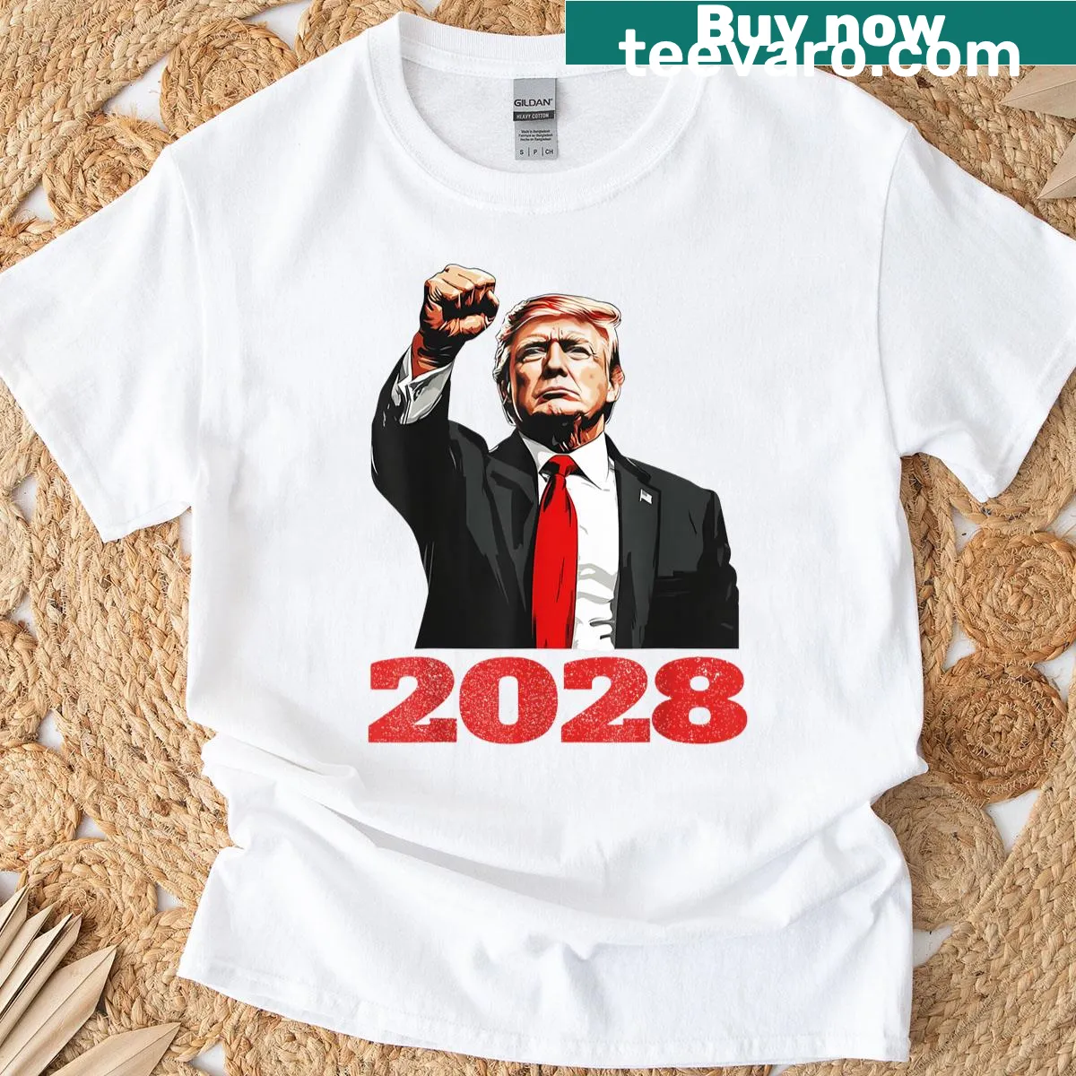 T-shirt featuring 'Vote Donald Trump 28' text — on a men's t-shirt