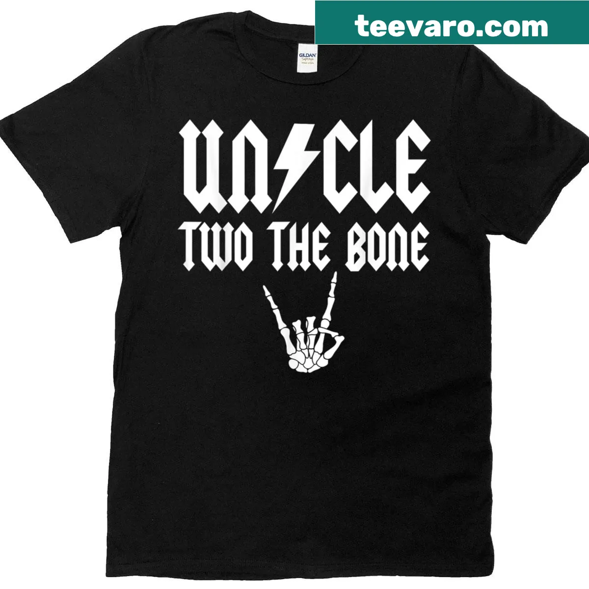 Cartoon graphic of skeleton hand with text Uncle Two The Bone — on a men's t-shirt