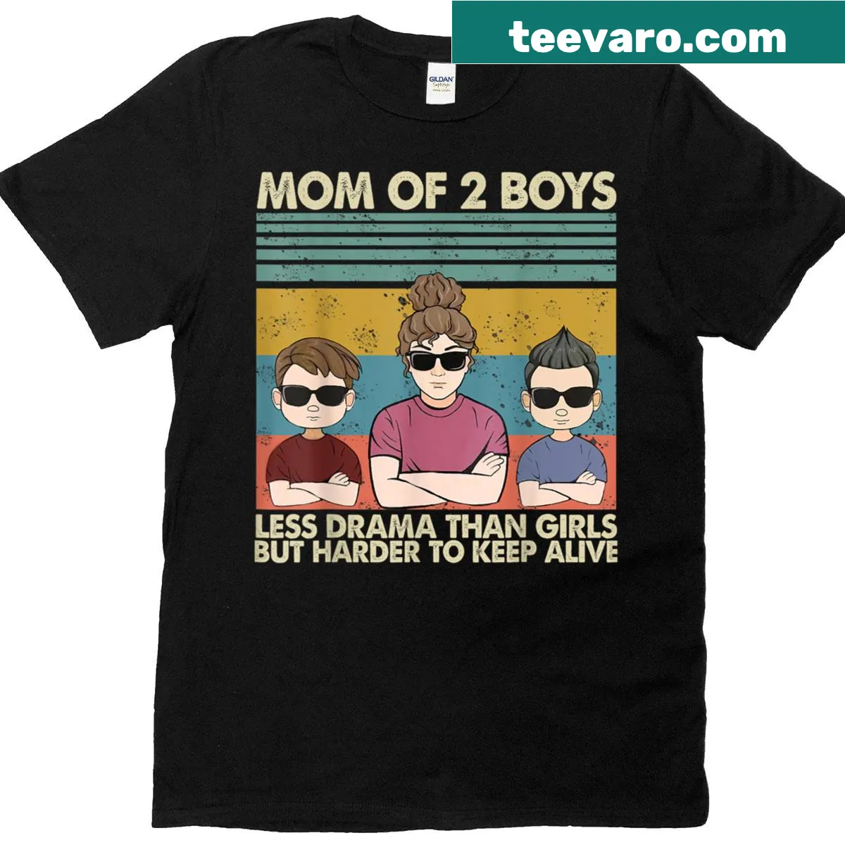 Vintage mom T-shirt with playful text about raising two boys — on a men's t-shirt
