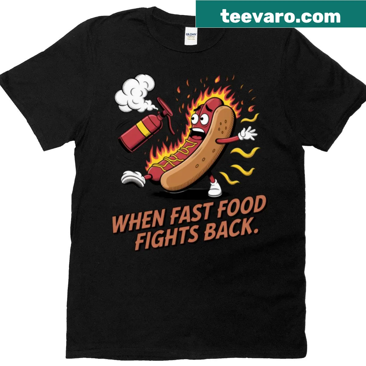 Spicy hot dog graphic t-shirt with a humorous design — on a men's t-shirt