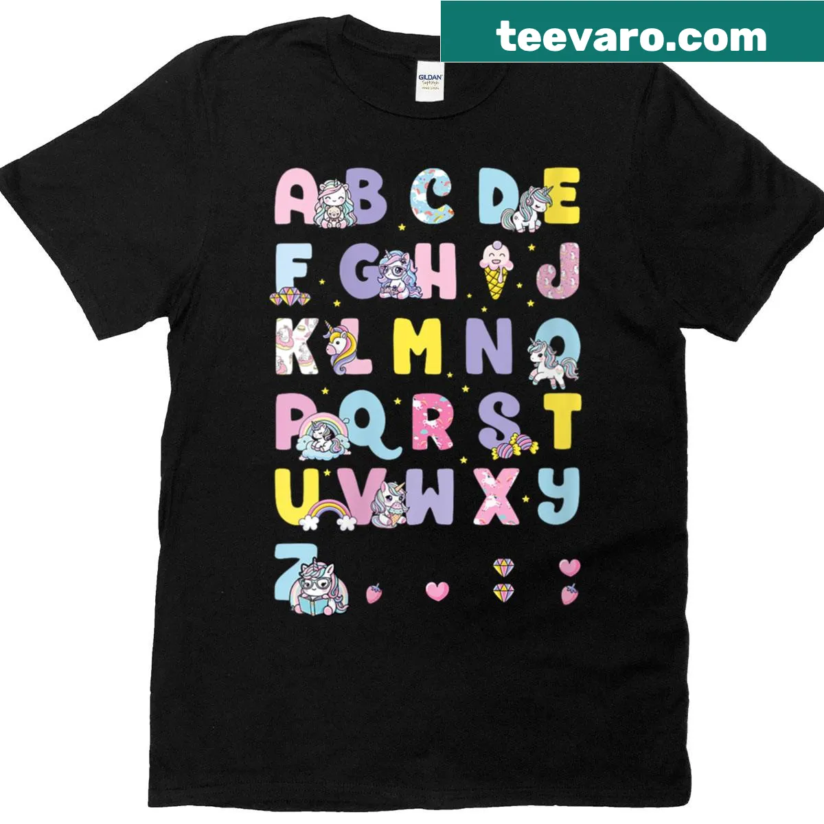 Cute unicorn alphabet design for girls' t-shirt — on a men's t-shirt