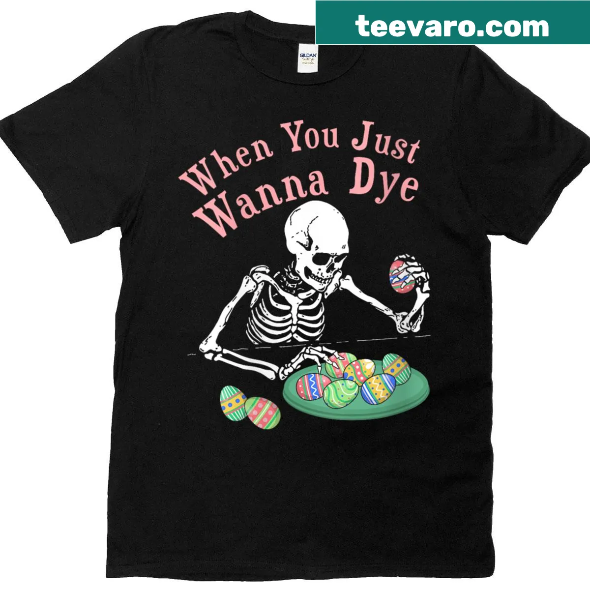 Funny Easter skeleton t-shirt with dye eggs text — on a men's t-shirt