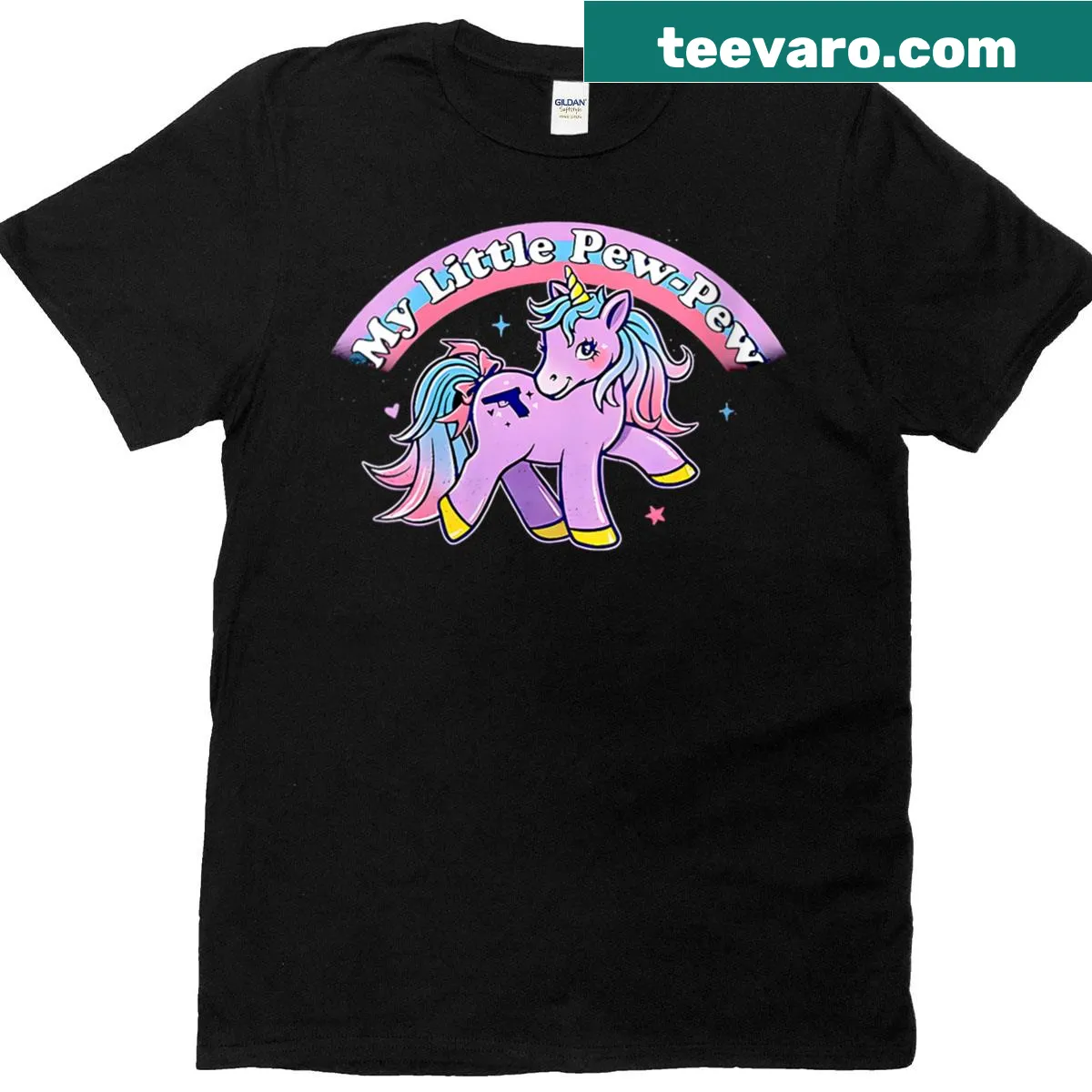 Playful unicorn with pew-pew design t-shirt — on a men's t-shirt