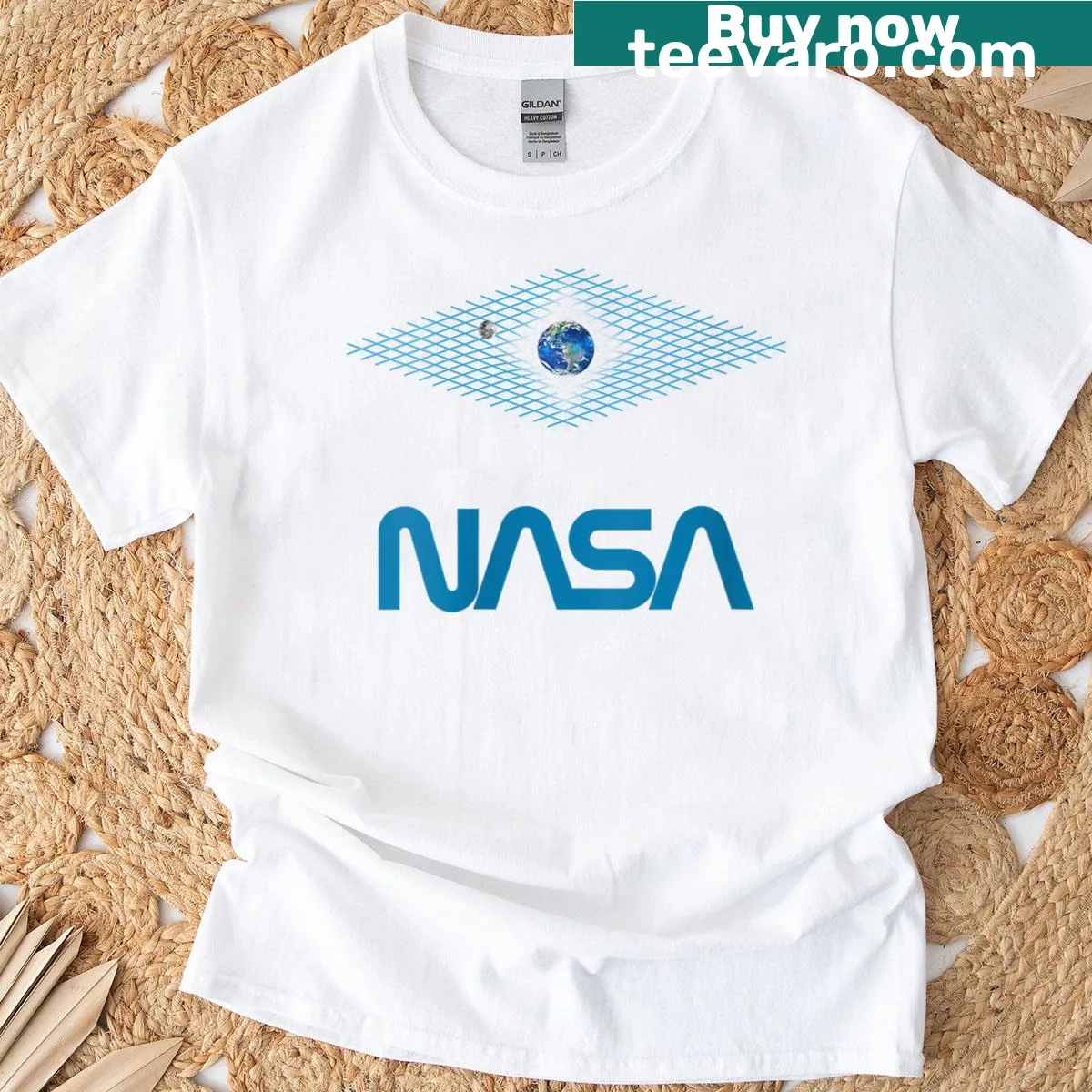 NASA-themed T-shirt featuring Earth, Moon, and worm logo — on a men's t-shirt