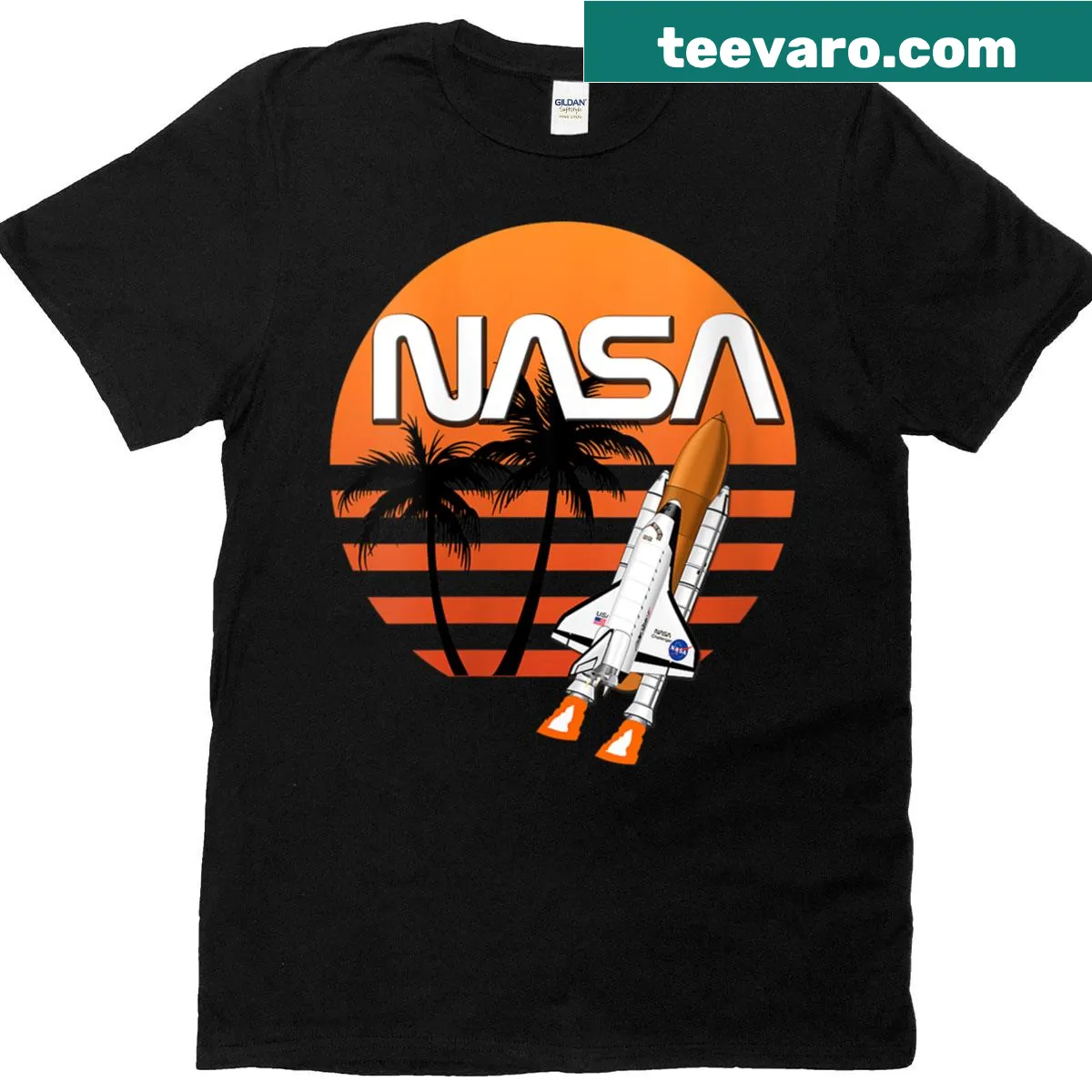 NASA space shuttle design with palm elements t-shirt — on a men's t-shirt