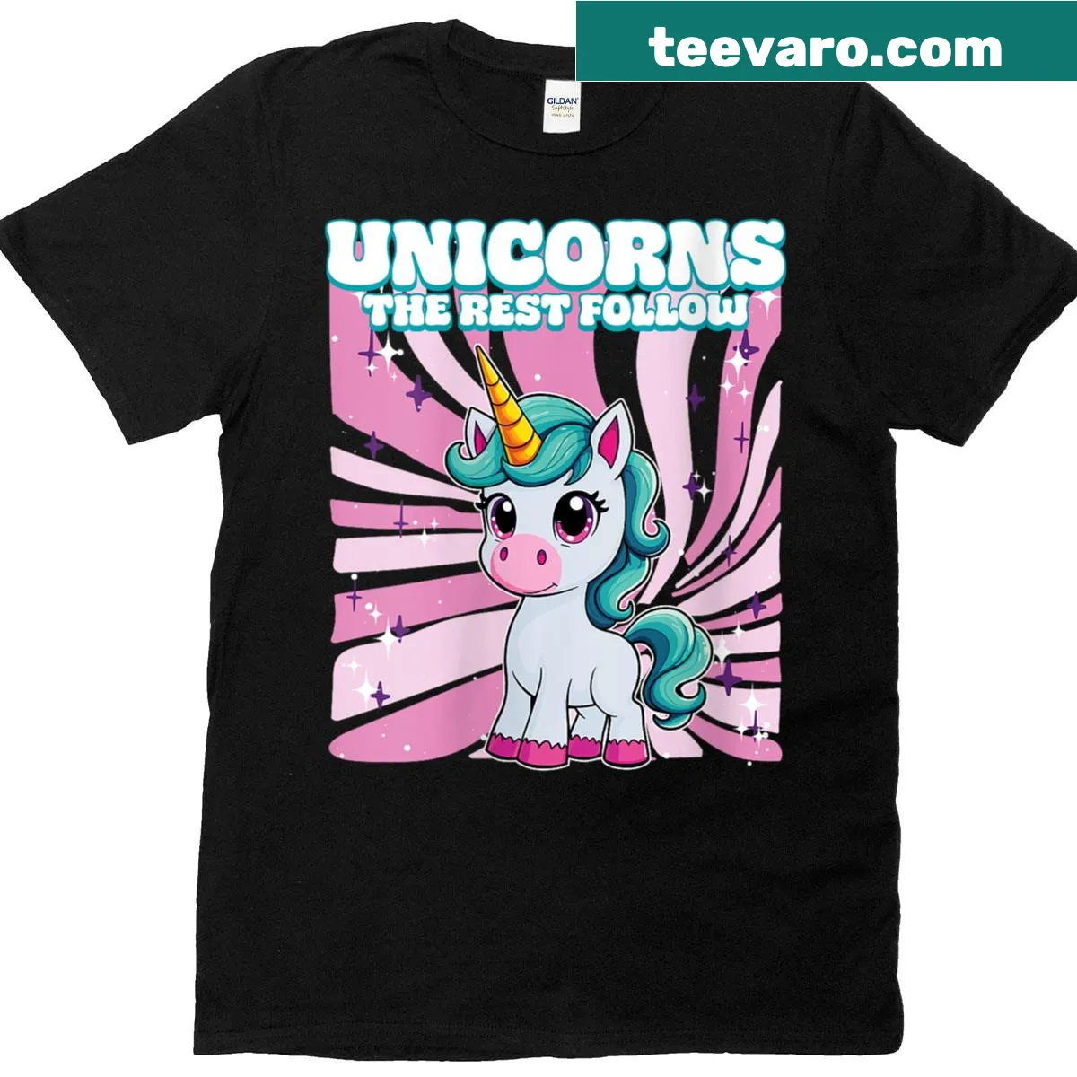 Illustrated unicorn with text 'The Rest Follow' on T-shirt — on a men's t-shirt