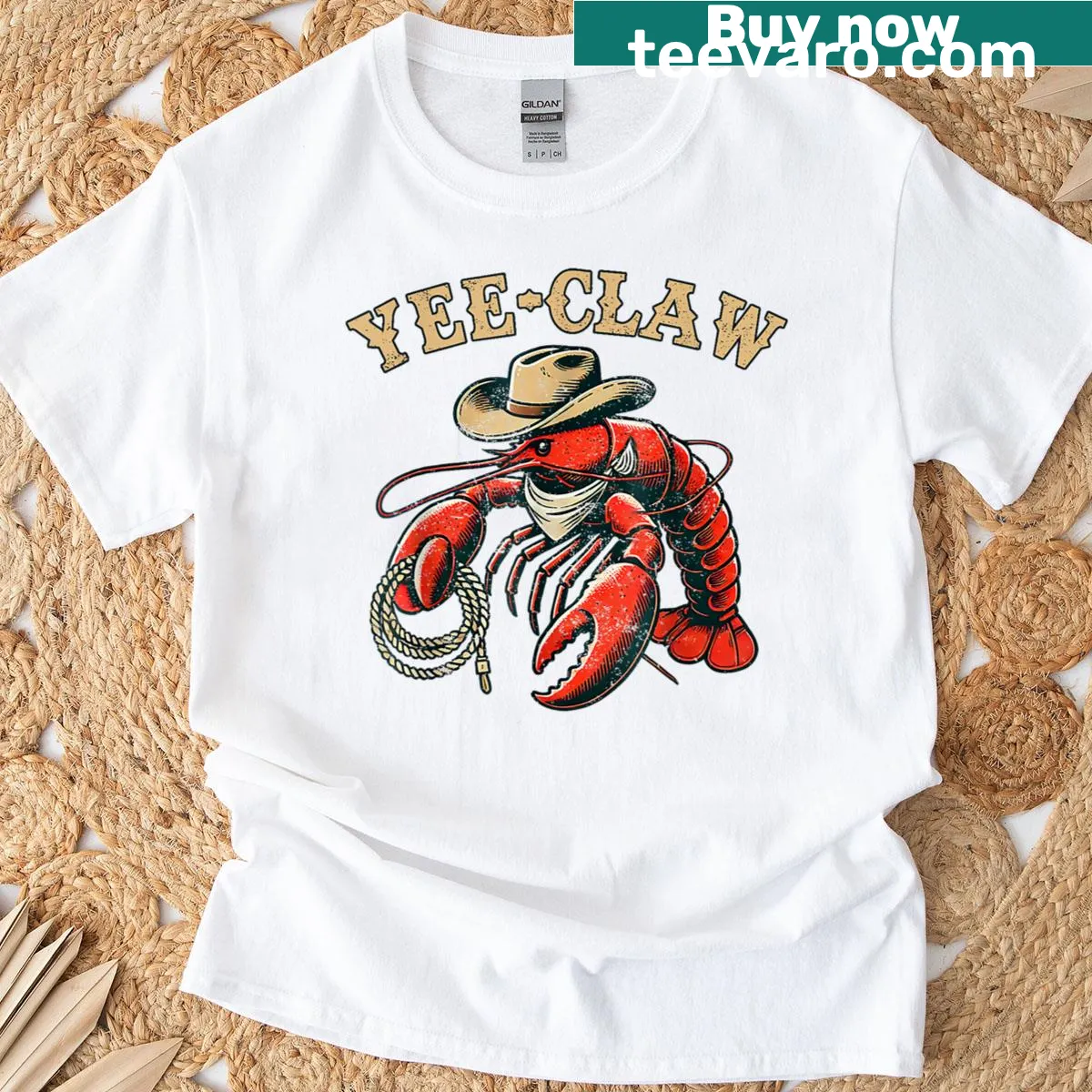 Funny T-shirt with cartoon cowboy and crawfish design — on a men's t-shirt