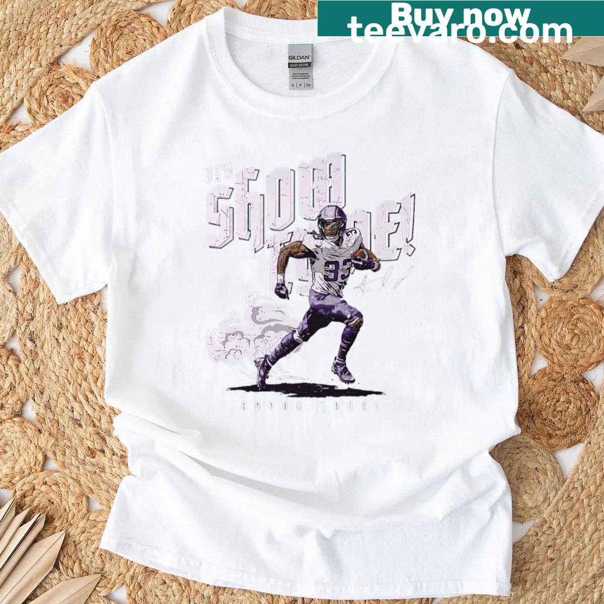 Illustration of Aaron Jones in action on a football field — on a men's t-shirt